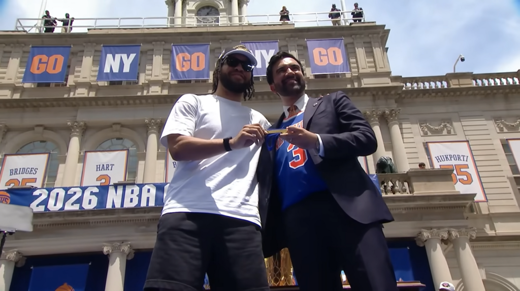 New York Knicks players gather at the 2026 City Hall championship ceremony. The Knicks' schedule