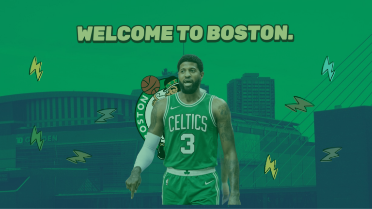 Editorial graphic of Paul George in a Boston Celtics jersey for trade analysis.