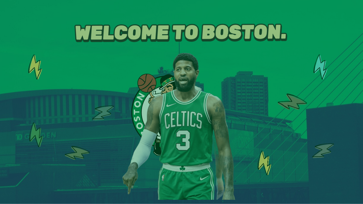Editorial graphic of Paul George in a Boston Celtics jersey for trade analysis.