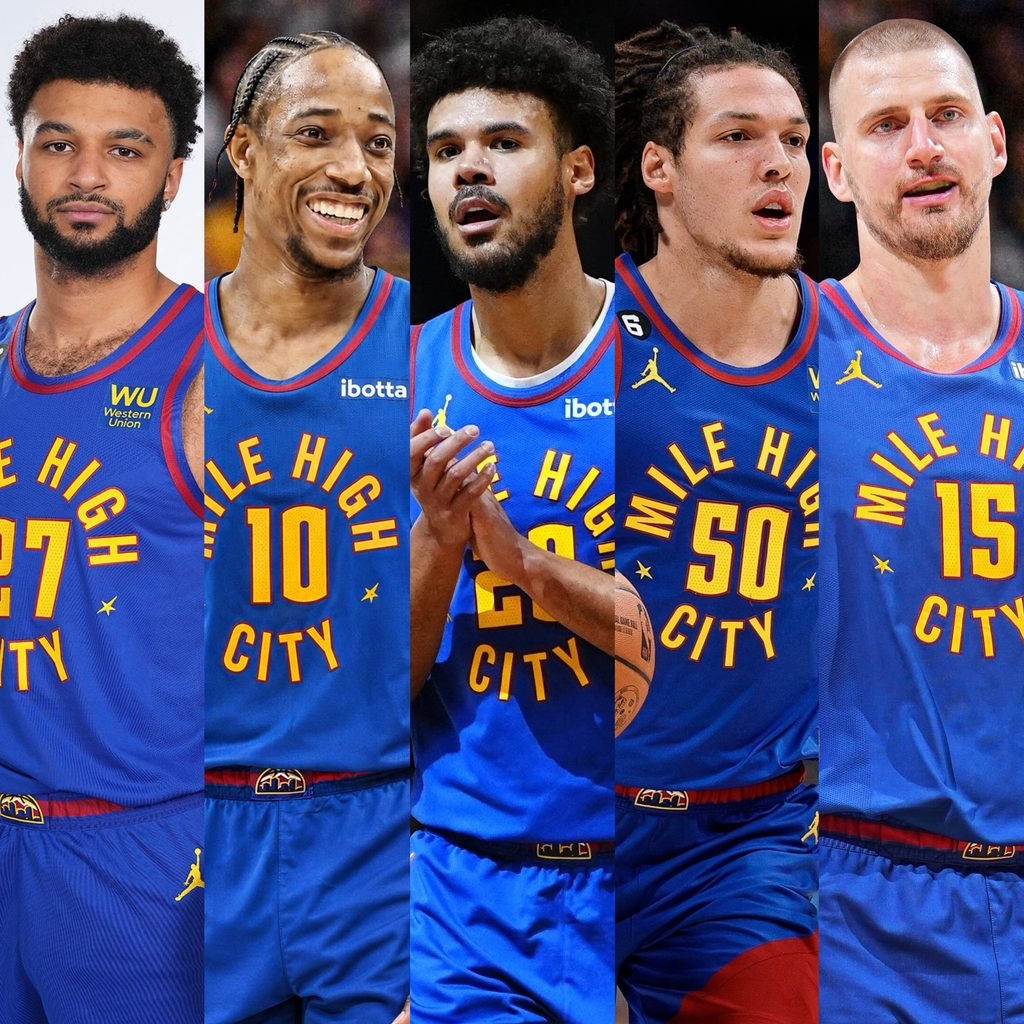 Jamal Murray, DeMar DeRozan, Cameron Johnson, Aaron Gordon, and Nikola Jokic lined up in Denver Nuggets jerseys, highlighting why the Nuggets already have a DeMar DeRozan problem regarding starting lineup spacing.