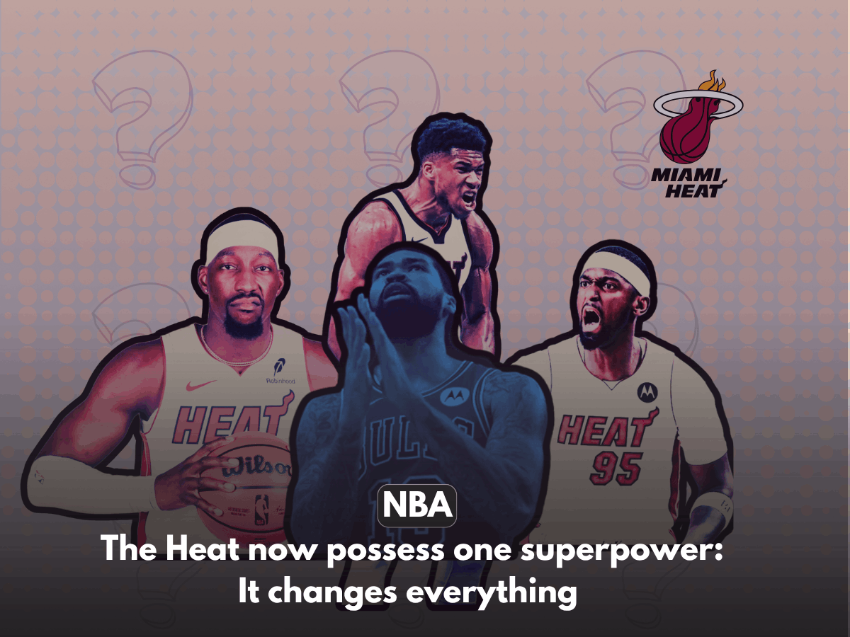 The New Miami Heat Roster Unlocks 1 Deadly Superpower Around Giannis. A red graphic of Giannis Antetokounmpo, Bam Adebayo, Bobby Portis and Nick Richards