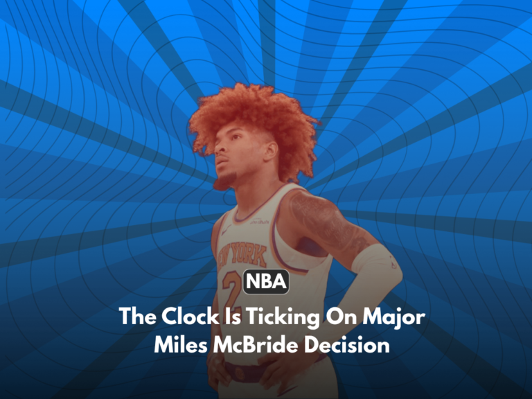 Knicks Miles McBride wearing a white New York Knicks jersey on a graphic blue background.
