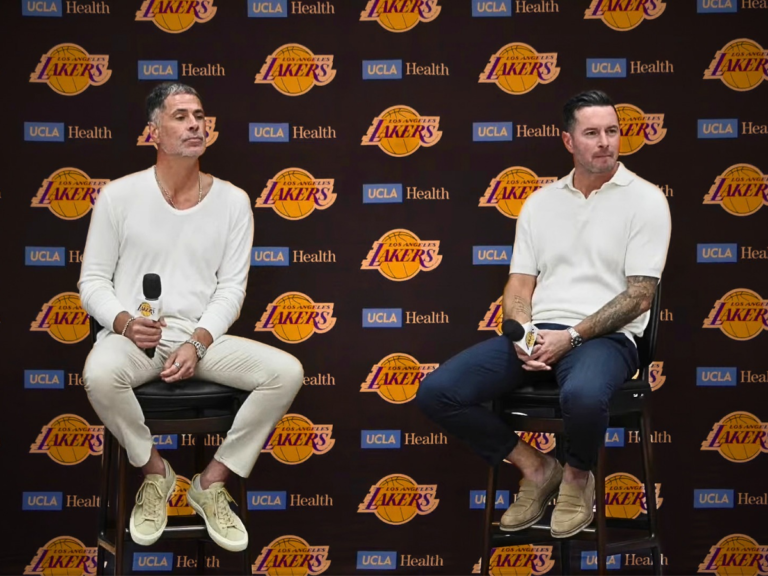 Rob Pelinka and JJ Redick address reporters at the UCLA Health Training Center to discuss options for resolving the Lakers roster crunch before opening night.