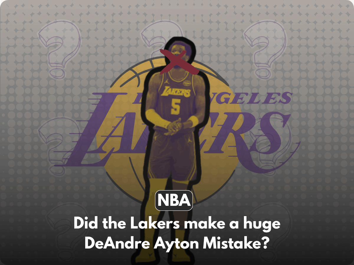 The Lakers Made A Big Deandre Ayton Mistake. A graphic of Deandre Ayton in a purple Lakers Jersey.