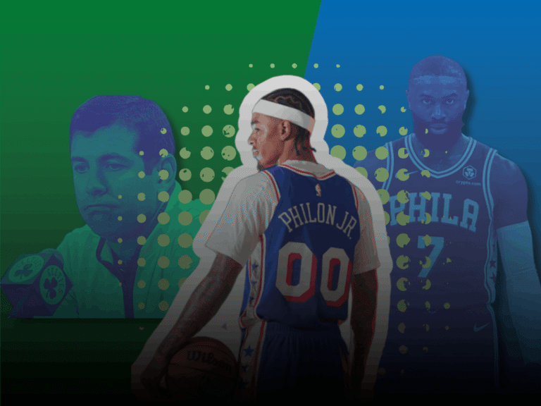 Composite image of Philadelphia 76ers rookie Labaron Philon Jr. with Joel Embiid and Boston Celtics executive Brad Stevens. Sports journalism trade analysis feature graphic.
