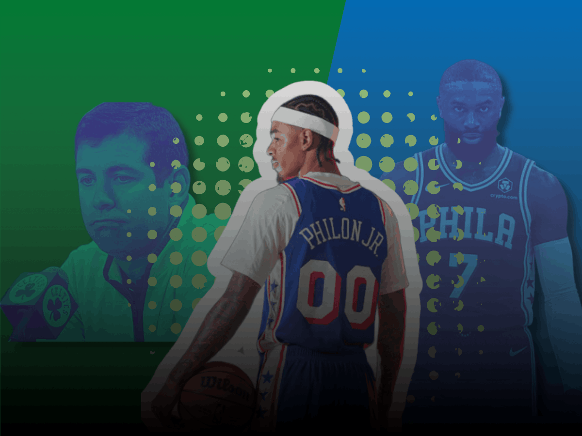 Composite image of Philadelphia 76ers rookie Labaron Philon Jr. with Joel Embiid and Boston Celtics executive Brad Stevens. Sports journalism trade analysis feature graphic.