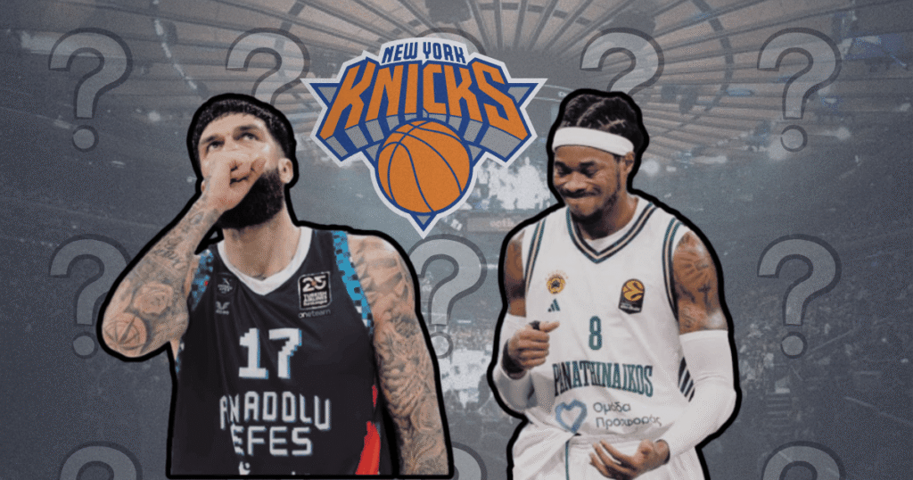 Graphic featuring EuroLeague big men Vincent Poirier and Richaun Holmes flanking the New York Knicks logo against a backdrop of question marks regarding the Knicks center rotation.