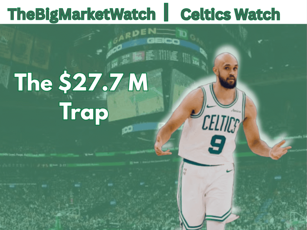 Derrick White graphic featuring TD Garden arena text highlighting the Celtics $27.7 million trade exception trap.
