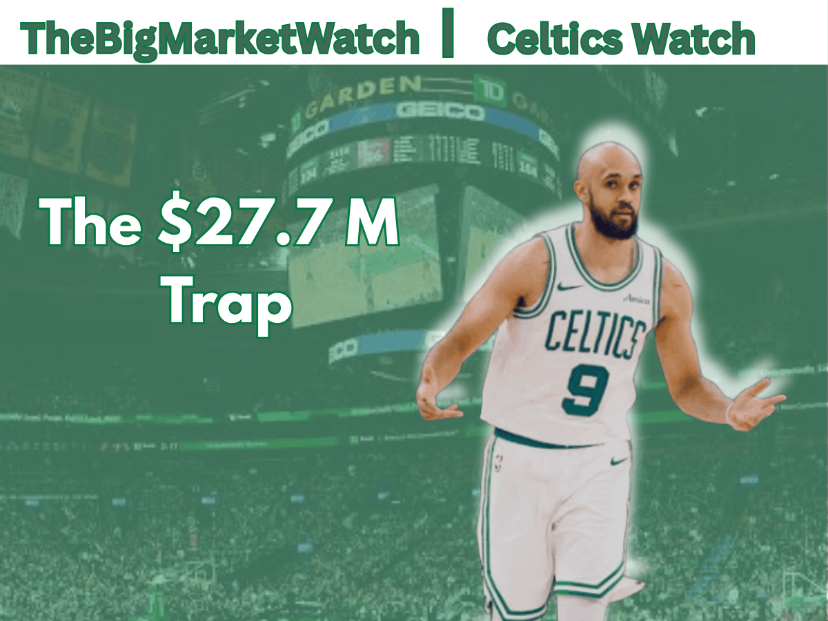Derrick White graphic featuring TD Garden arena text highlighting the Celtics $27.7 million trade exception trap.