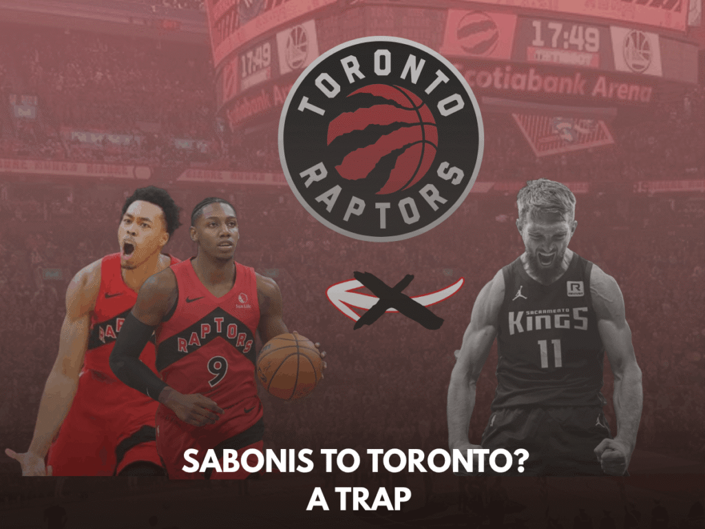 Scottie Barnes and RJ Barrett graphic evaluating a potential Raptors Domantas Sabonis trade trap