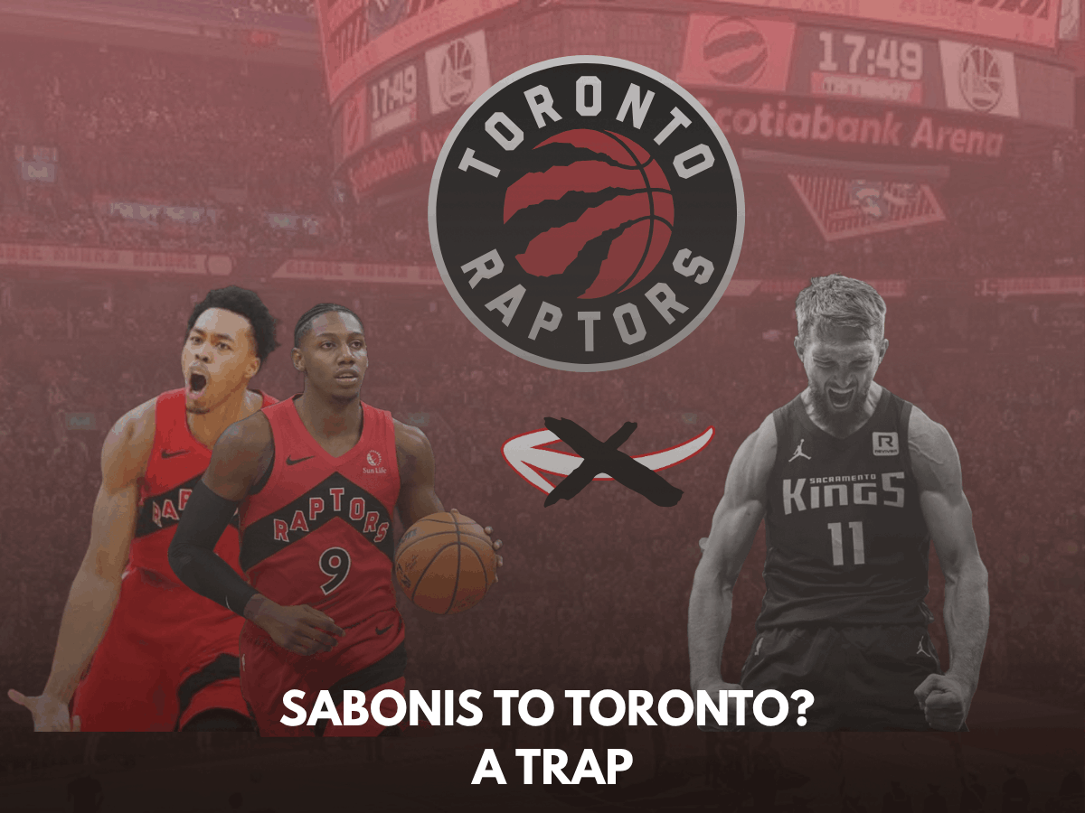 Scottie Barnes and RJ Barrett graphic evaluating a potential Raptors Domantas Sabonis trade trap