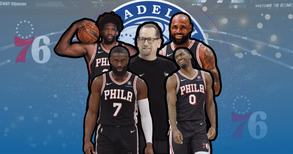 Joel Embiid LeBron James Jaylen Brown and Tyrese Maxey graphic evaluating the Philadelphia 76ers free throw rate projection