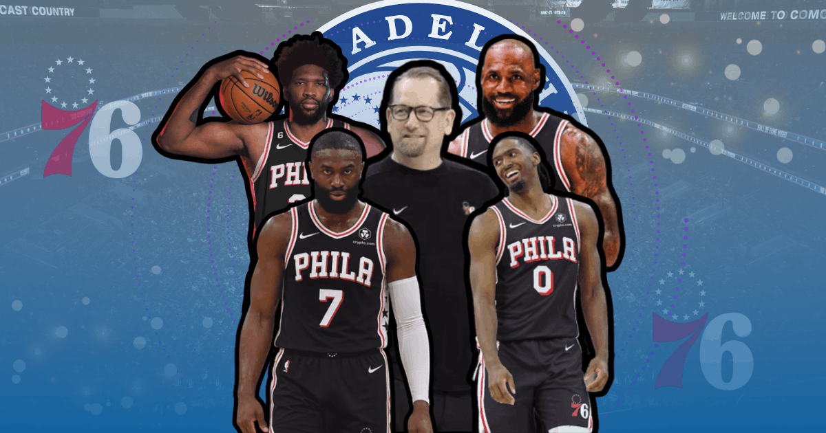 Joel Embiid LeBron James Jaylen Brown and Tyrese Maxey graphic evaluating the Philadelphia 76ers free throw rate projection