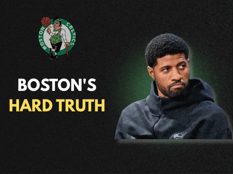 Featured graphic with the Boston Celtics logo and bold text reading 'Boston's Hard Truth' alongside a headshot of Paul George detailing Paul George's comments on the Eastern Conference.