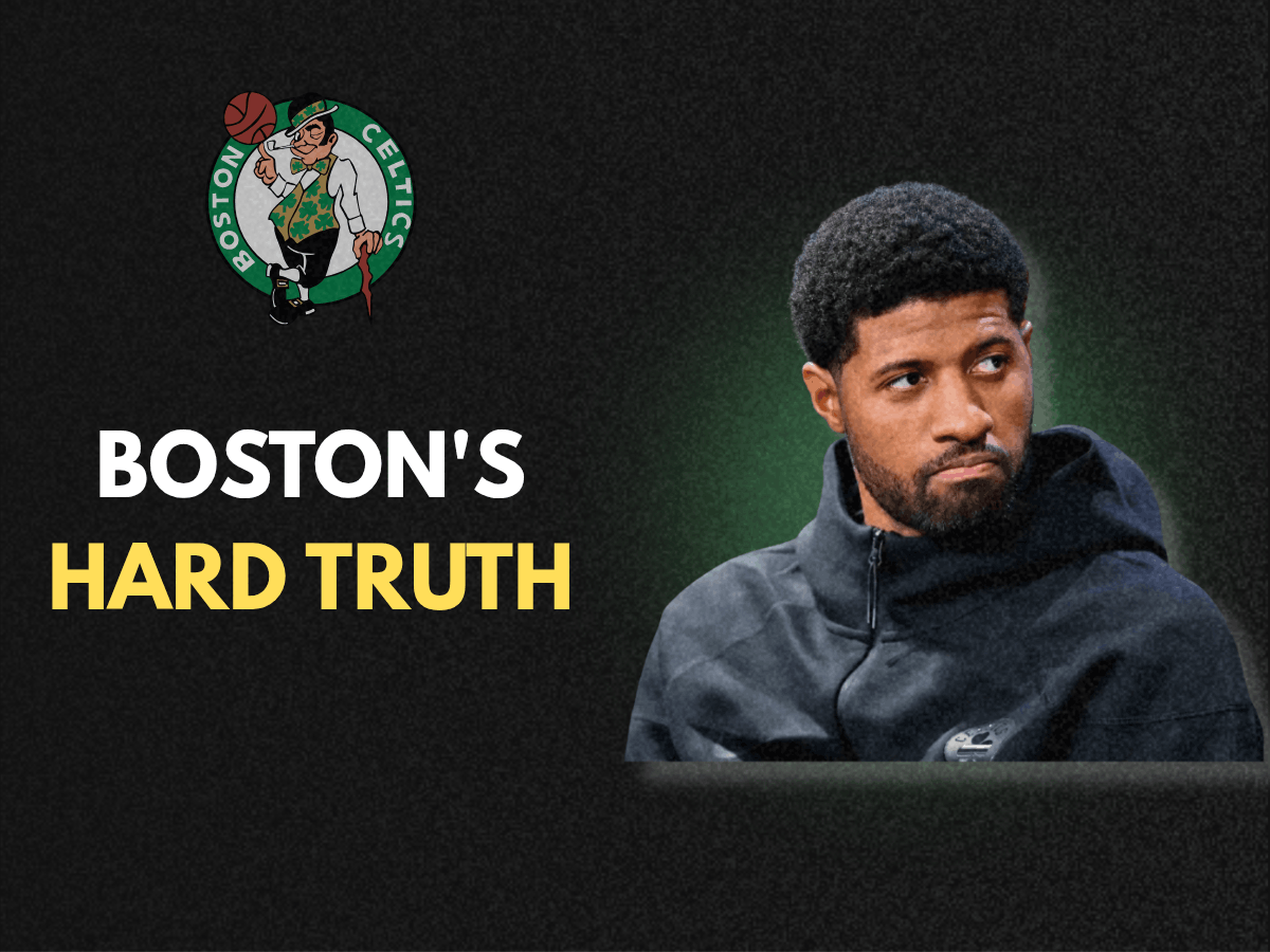 Featured graphic with the Boston Celtics logo and bold text reading 'Boston's Hard Truth' alongside a headshot of Paul George detailing Paul George's comments on the Eastern Conference.