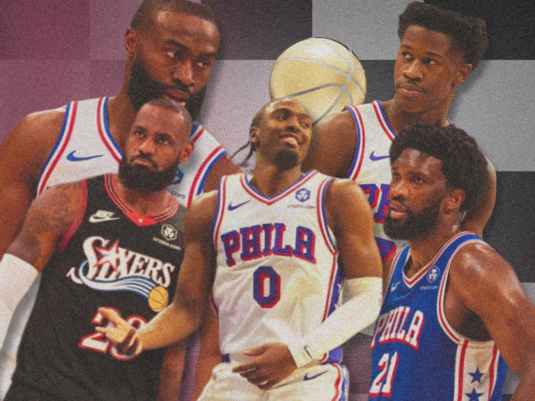 Graphic featuring LeBron James, Jaylen Brown, Tyrese Maxey, Joel Embiid, and VJ Edgecombe illustrating major 76ers training camp storylines ahead of the season.
