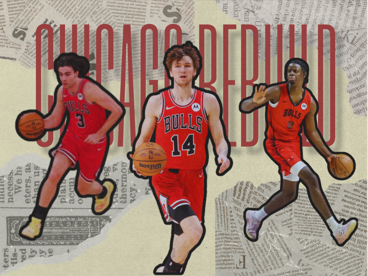 Graphic featuring Chicago Bulls players Josh Giddey, Matas Buzelis, and Cobi White in front of a newspaper background with red 'Chicago Rebuild' text, illustrating top Bulls training camp storylines for the upcoming season.