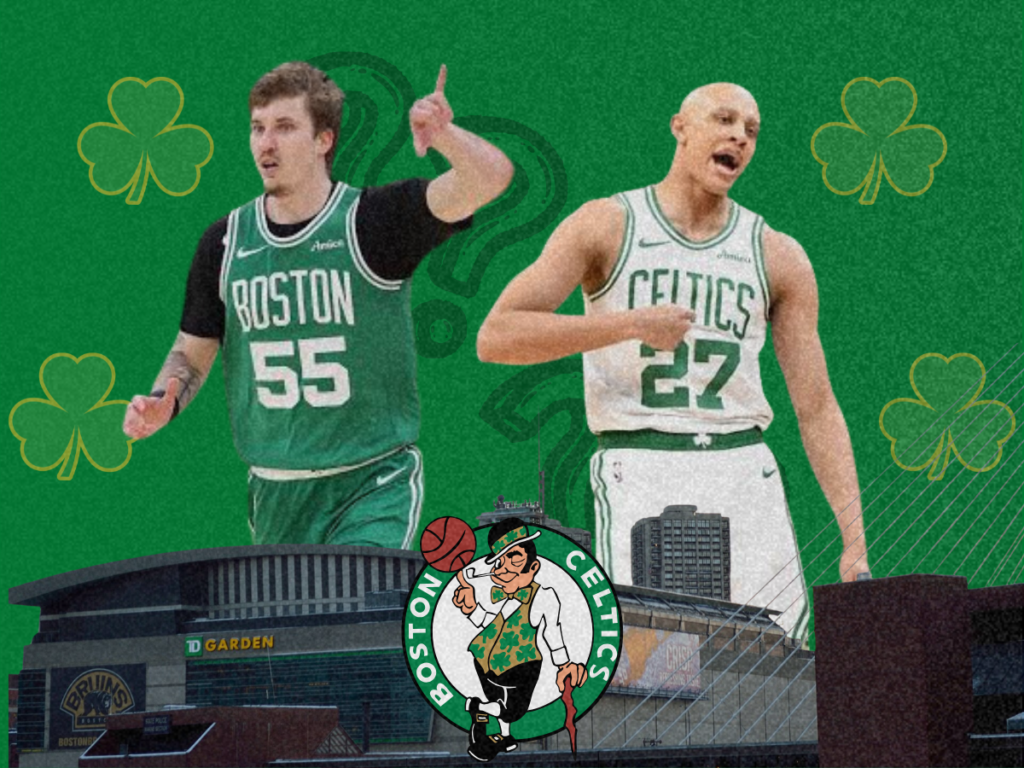 Baylor Scheierman and Jordan Walsh featured in a Celtics training camp battle graphic outside TD Garden.