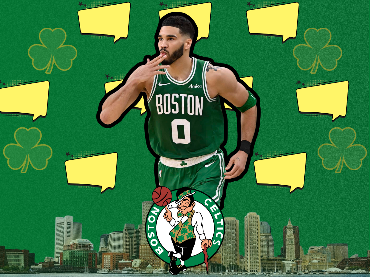 Jayson Tatum graphic previewing key Celtics training camp storylines ahead of the upcoming NBA season.