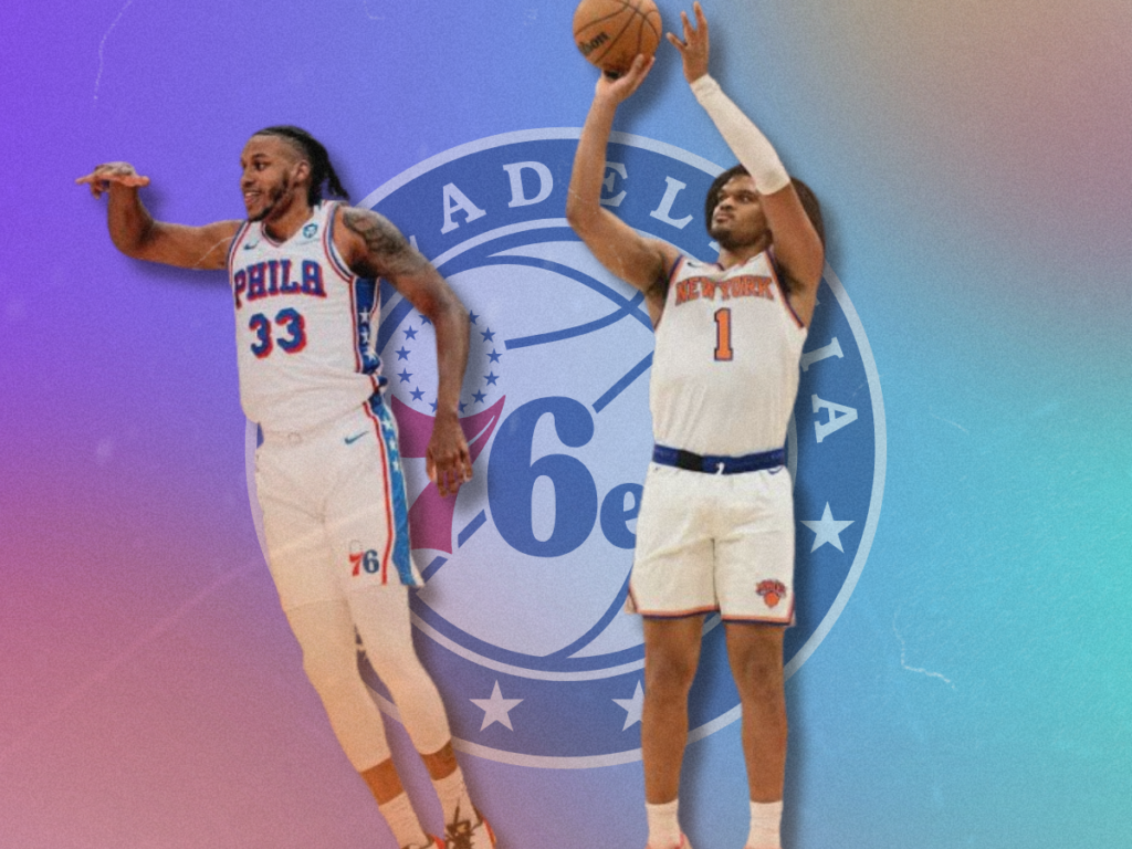 Jabari Walker and Dillon Jones competing in a 76ers training camp roster battle.