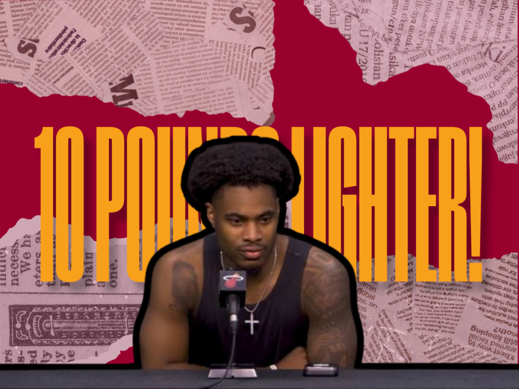 Editorial brutalist graphic of Davion Mitchell at a Miami Heat press conference with bold text reading 10 Pounds Lighter, highlighting how Davion Mitchell lost 10 pounds to transform his physical conditioning.