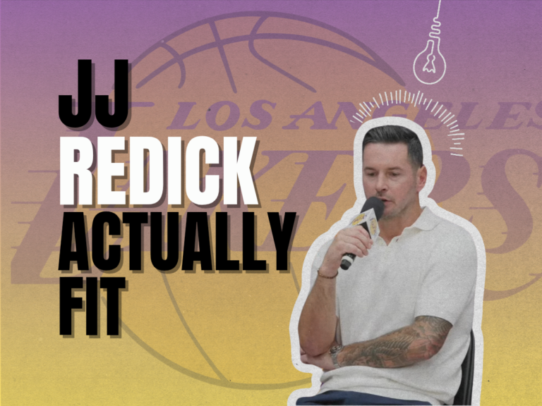 JJ Redick's "actually fit" Lakers comment featured in an editorial graphic from the preseason press conference.