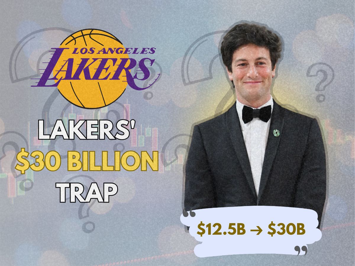 Josh Kushner Los Angeles Lakers graphic highlighting $30 billion valuation plans and ticket price surge. Greedy Lakers ownership could alienate fans in a ruthless $30 billion cash grab