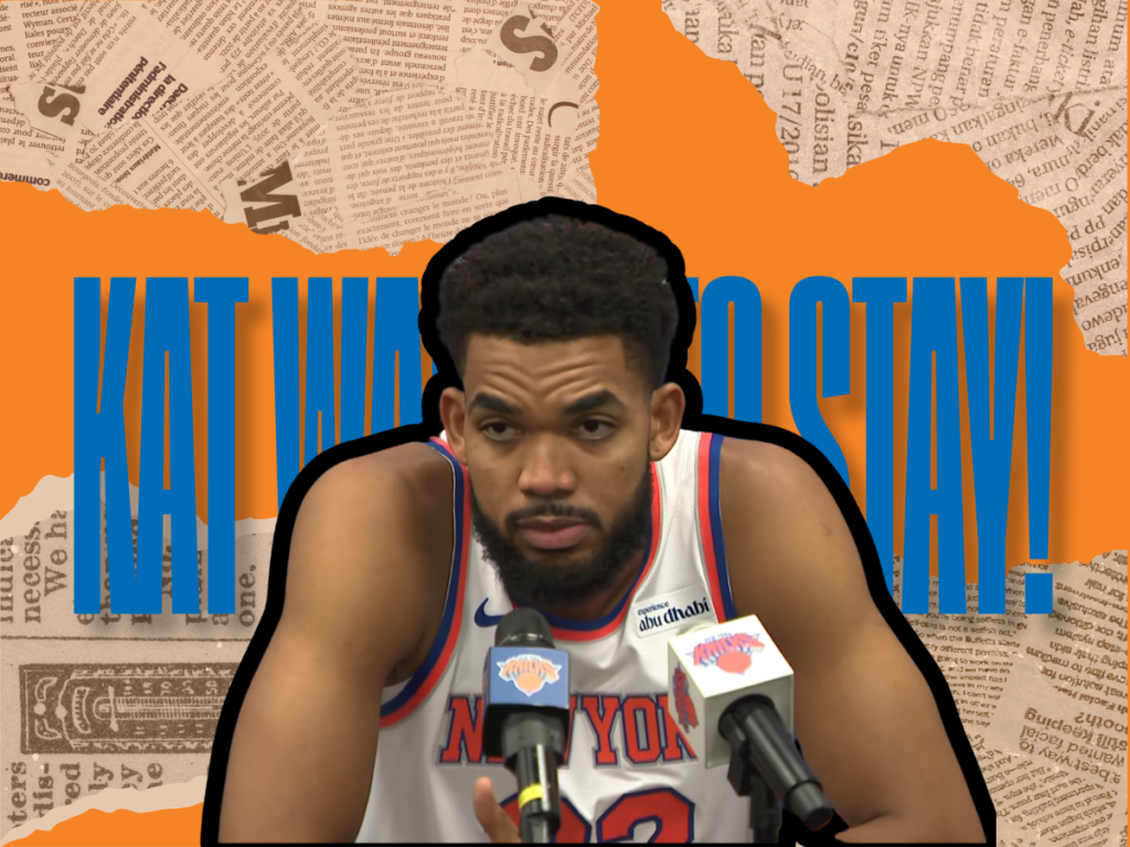 New York Knicks center Karl-Anthony Towns featured at the podium in a graphic exploring Karl-Anthony Towns extension uncertainty following Media Day remarks.