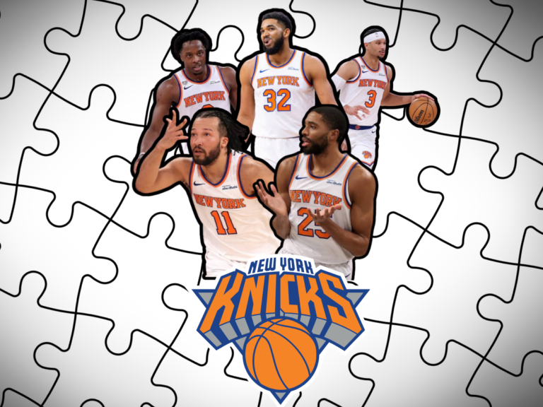 Digital graphic illustration featuring Jalen Brunson, Mikal Bridges, Karl-Anthony Towns, OG Anunoby, and Josh Hart over a puzzle background depicting key Knicks training camp storylines.