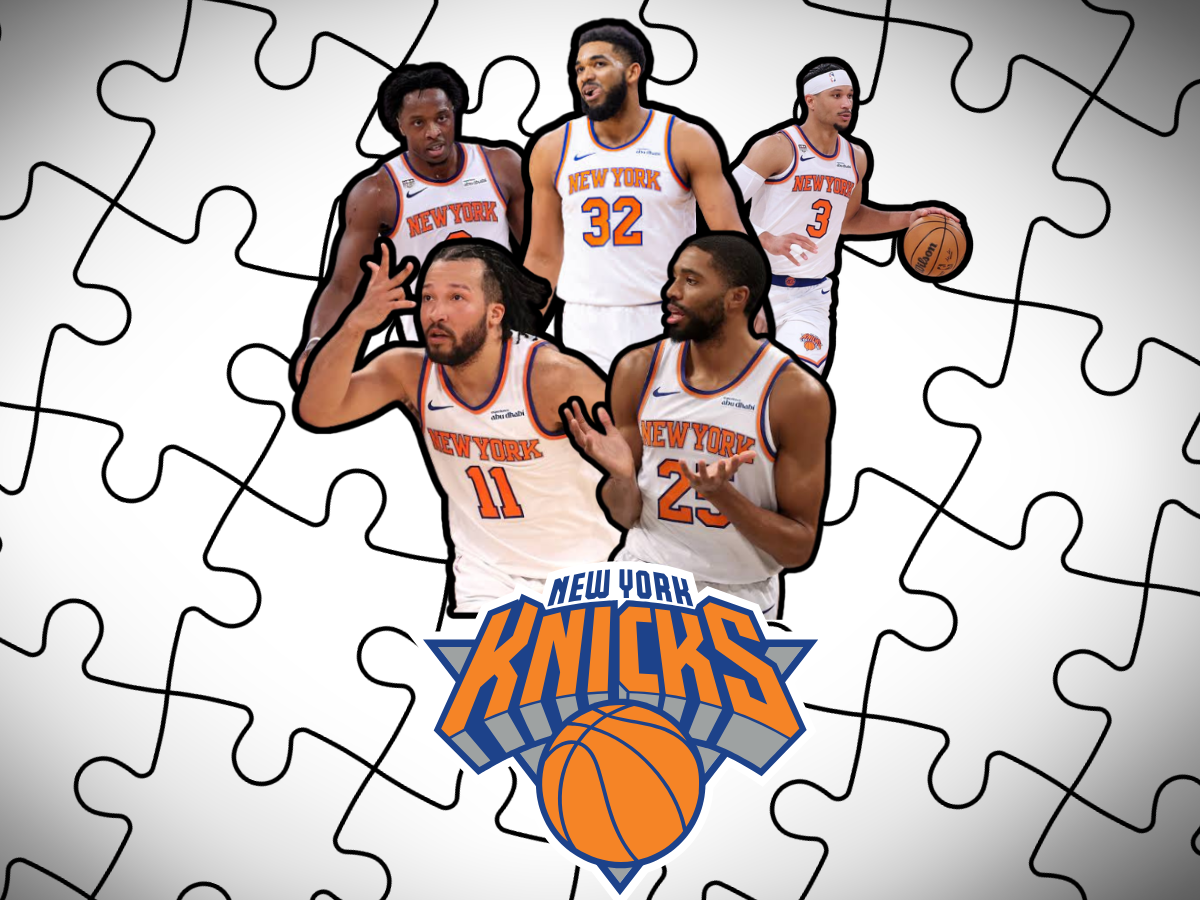 Digital graphic illustration featuring Jalen Brunson, Mikal Bridges, Karl-Anthony Towns, OG Anunoby, and Josh Hart over a puzzle background depicting key Knicks training camp storylines.