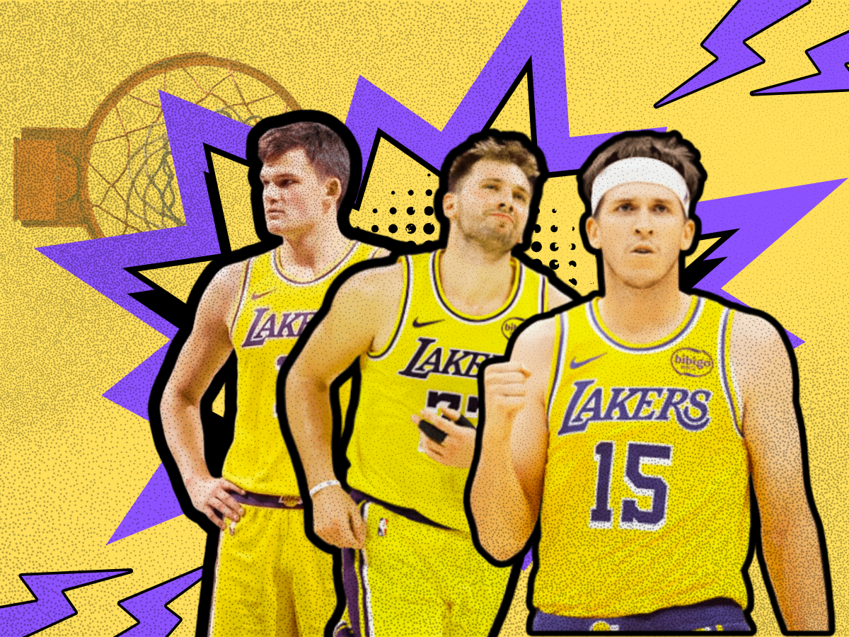 A graphic showing Walker Kessler, Luka Dončić and Austin Reaves as we outline the 3 key Lakers training camp storylines.