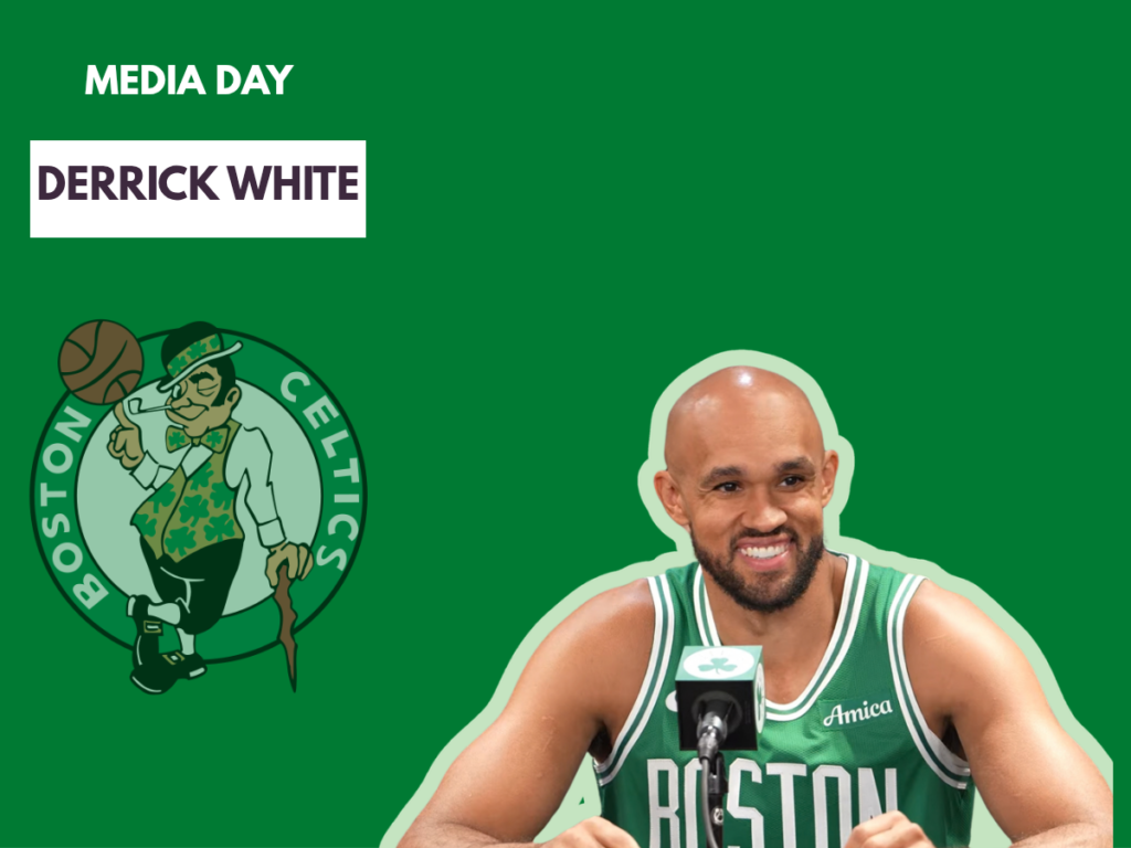 Boston Celtics guard Derrick White at the Media Day podium in a graphic detailing how a Derrick White fixed jumper will boost the offense.