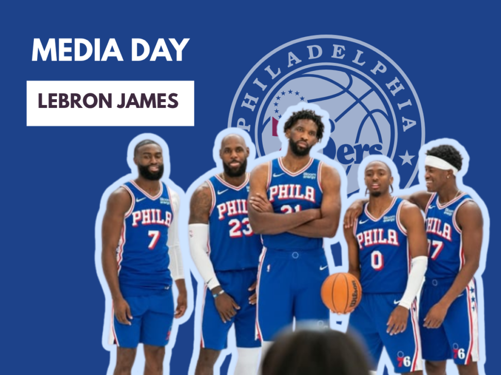 A Philadelphia 76ers Media Day graphic featuring Jaylen Brown, LeBron James, Joel Embiid, and Tyrese Maxey as LeBron James issues bold warning statements regarding the team's championship mandate.