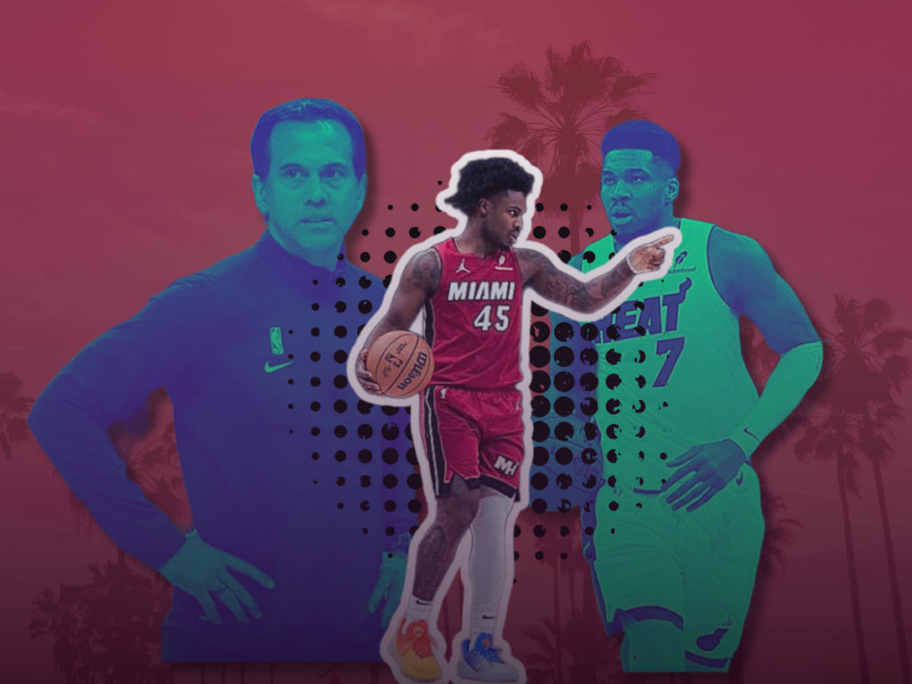 The overblown Heat point guard myth that disregards Giannis Antetokounmpo's brilliance. A red graphic showing Davion Mitchell in the foreground, with Erik Spoelstra and Giannis Antetokounmpo in the background