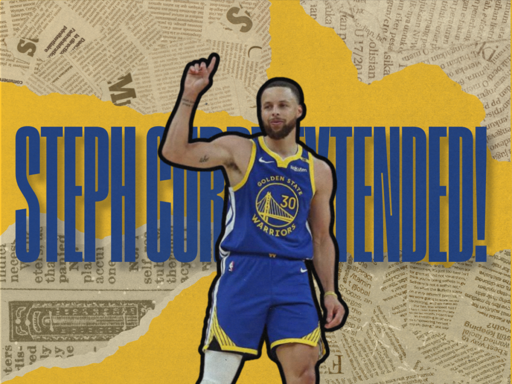 Golden State Warriors guard Steph Curry celebrating in a blue uniform following the official Steph Curry extension announcement.