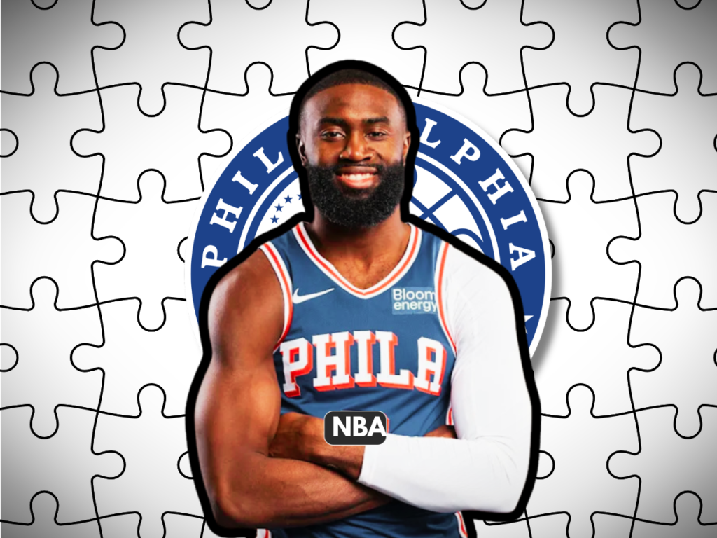 Graphic featuring Jaylen Brown in a Philadelphia 76ers jersey over a jigsaw puzzle background, symbolizing how Jaylen brown's off-ball role solves Nick Nurse's half-court offense.