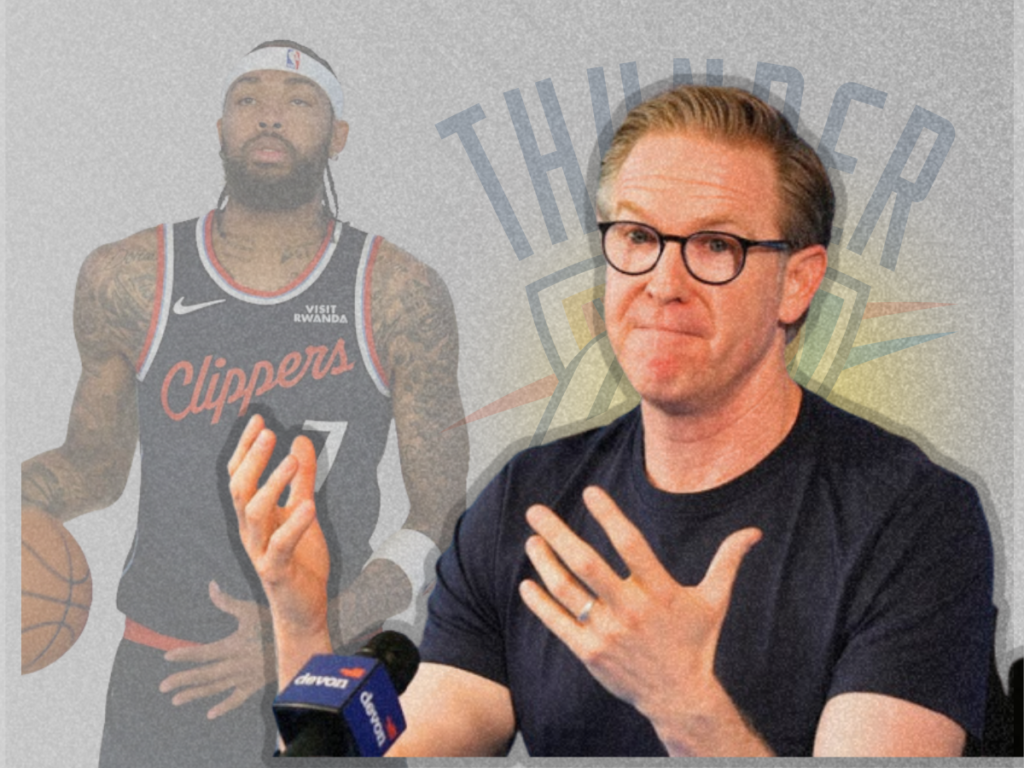 Oklahoma City Thunder general manager Sam Presti featured in a custom graphic exploring how the Brandon Ingram injury yields a Thunder major 2027 draft positioning advantage.