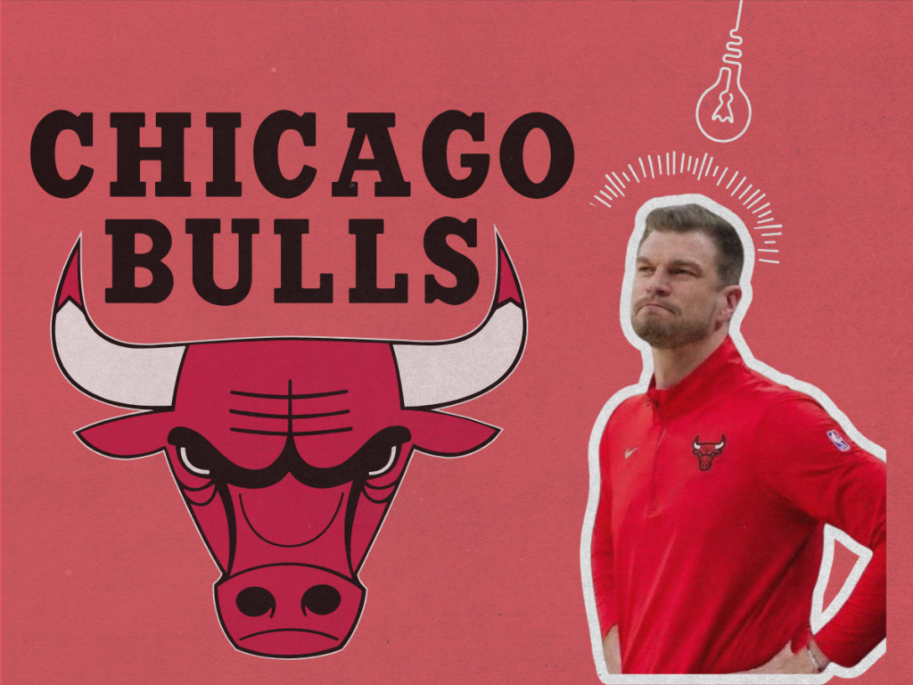 Chicago Bulls head coach Tiago Splitter featured alongside the team logo in an graphic detailing the official Bulls training camp roster.