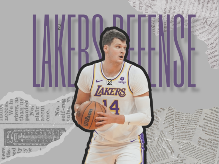 A cutout graphic of center Walker Kessler holding a basketball, positioned in front of purple text reading 'LAKERS DEFENSE' and a newspaper collage background. This illustrates the focus on the Walker Kessler Lakers defense as discussed in the media availability.