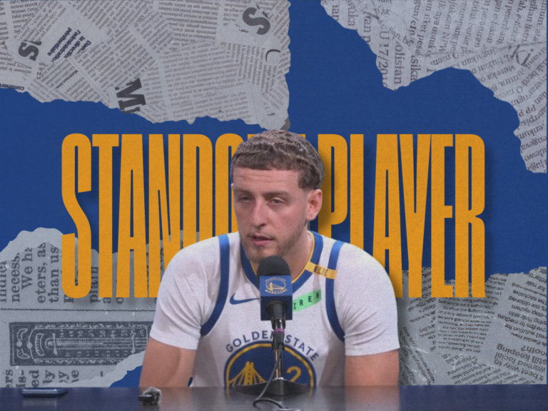 Golden State Warriors guard Brandin Podziemski at a press conference podium featured in a custom editorial graphic detailing his role in the Steve Kerr Warriors starting lineup.