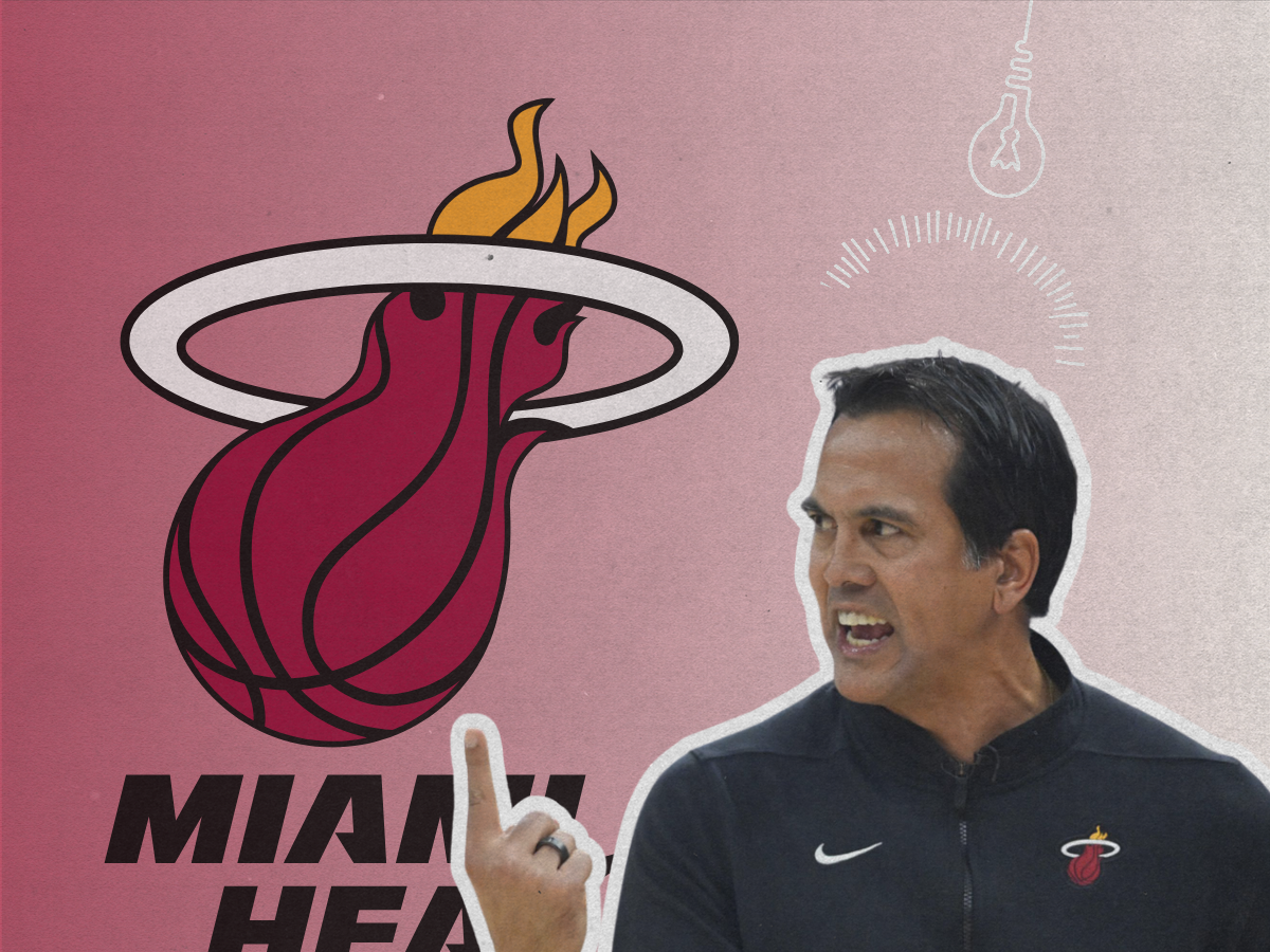 Erik Spoelstra gesturing on a graphic featuring the team logo for an article analyzing what went wrong the Miami Heat drop coverage.