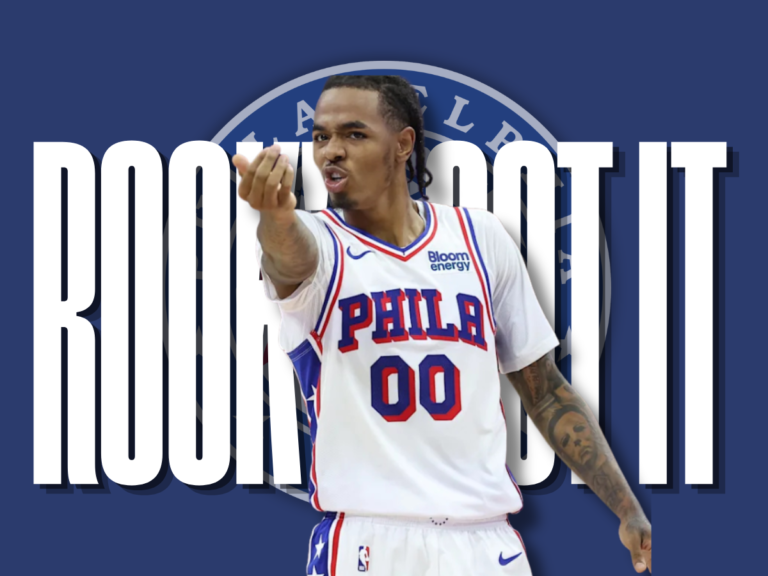 Rookie point guard in a white Philadelphia 76ers jersey featured on a custom graphic with Rookie Got It typography highlighting the Labaron Philon Jr. preseason performance.