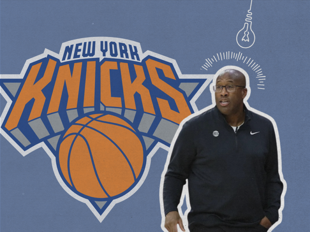 New York Knicks head coach Mike Brown framed by an orange team logo and lightbulb graphic detailing how an emerging Knicks big man earns a spot in the rotation.