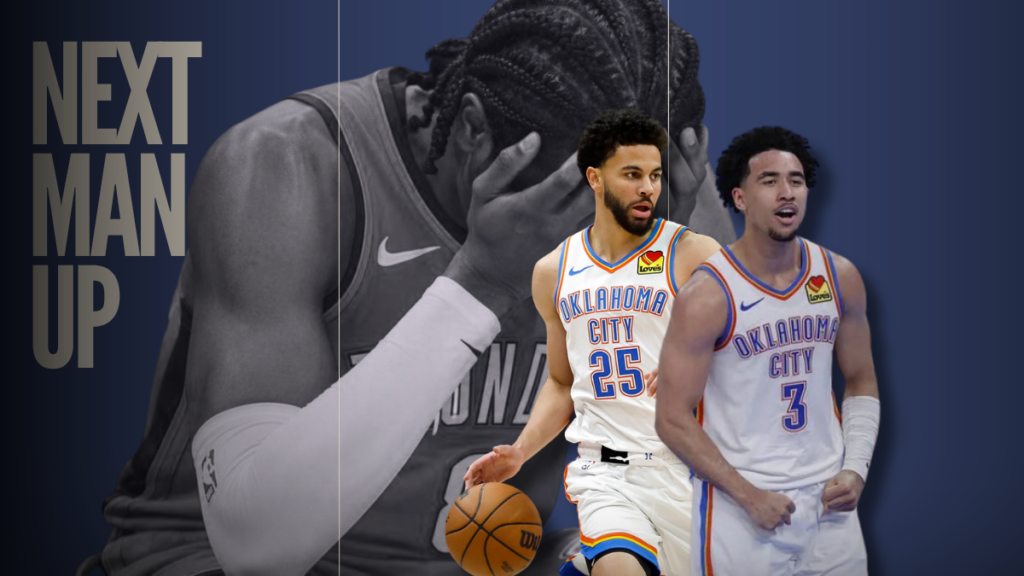 A graphic highlighting recent OKC thunder starting lineup changes as a result of recent injuries