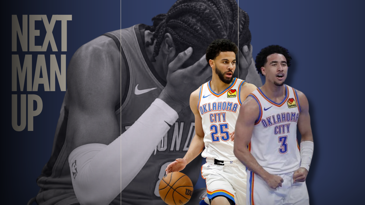 A graphic highlighting recent OKC thunder starting lineup changes as a result of recent injuries