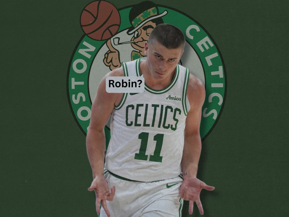 Boston Celtics guard Payton Pritchard shrugging in front of the team logo following his breakout Payton Pritchard 25-point Celtics performance.